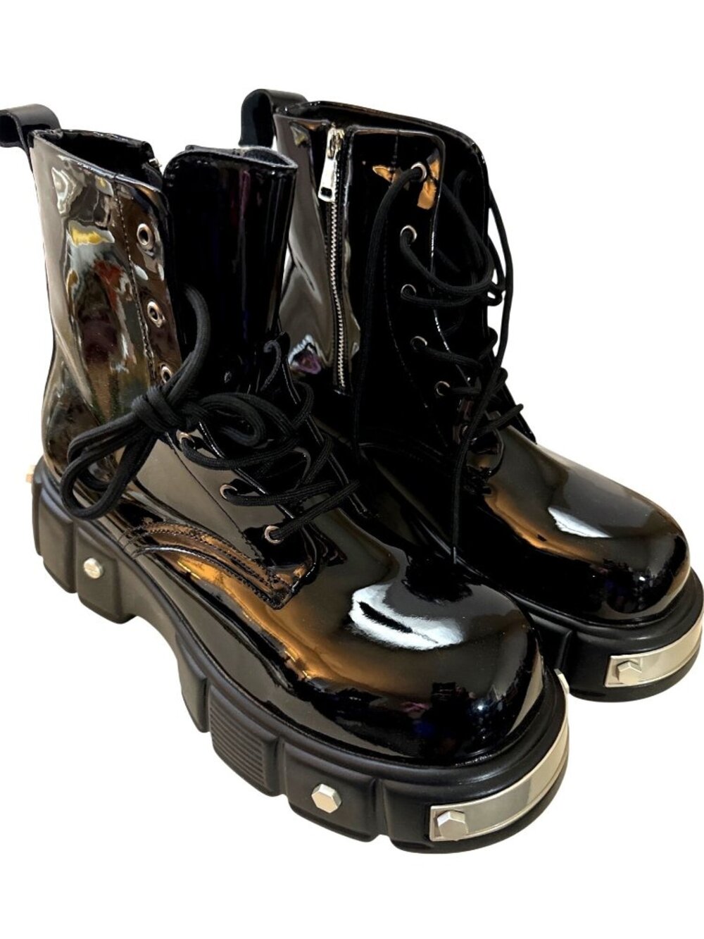 Black Platform Combat Boots Men 12 Goth Chunky Punk Metal Hardware Lace-Up Zip
